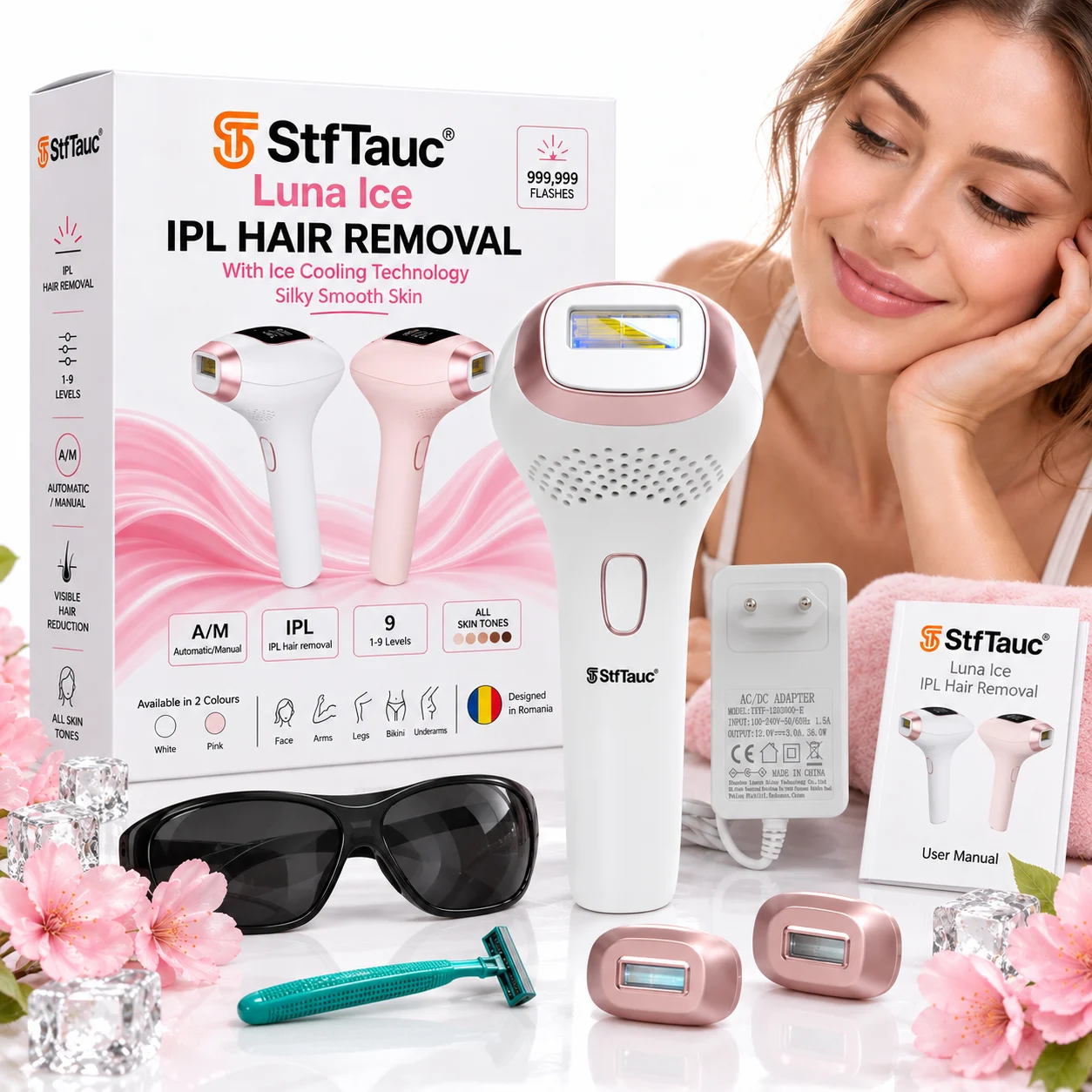 Epilator IPL StfTauc Luna Ice, răcire 4–10 °C, 9 niveluri și capete magnetice, roz