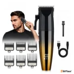 Mașină de tuns cu acumulator StfTauc STF-59, pentru păr și barbă, 6 piepteni, LCD, negru-auriu