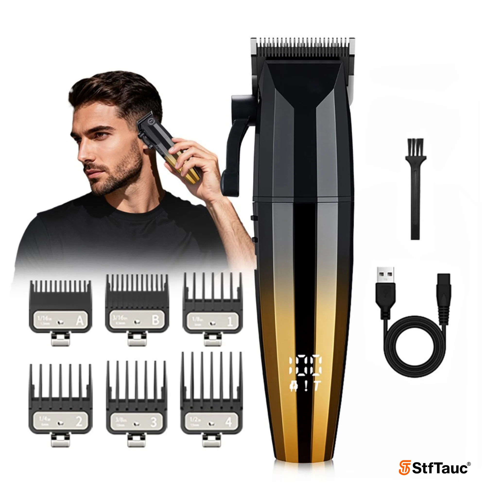 hlyu5snsoyorhukni9tf Mașină de tuns cu acumulator StfTauc STF-59, pentru păr și barbă, 6 piepteni, LCD, negru-auriu - imagine 1