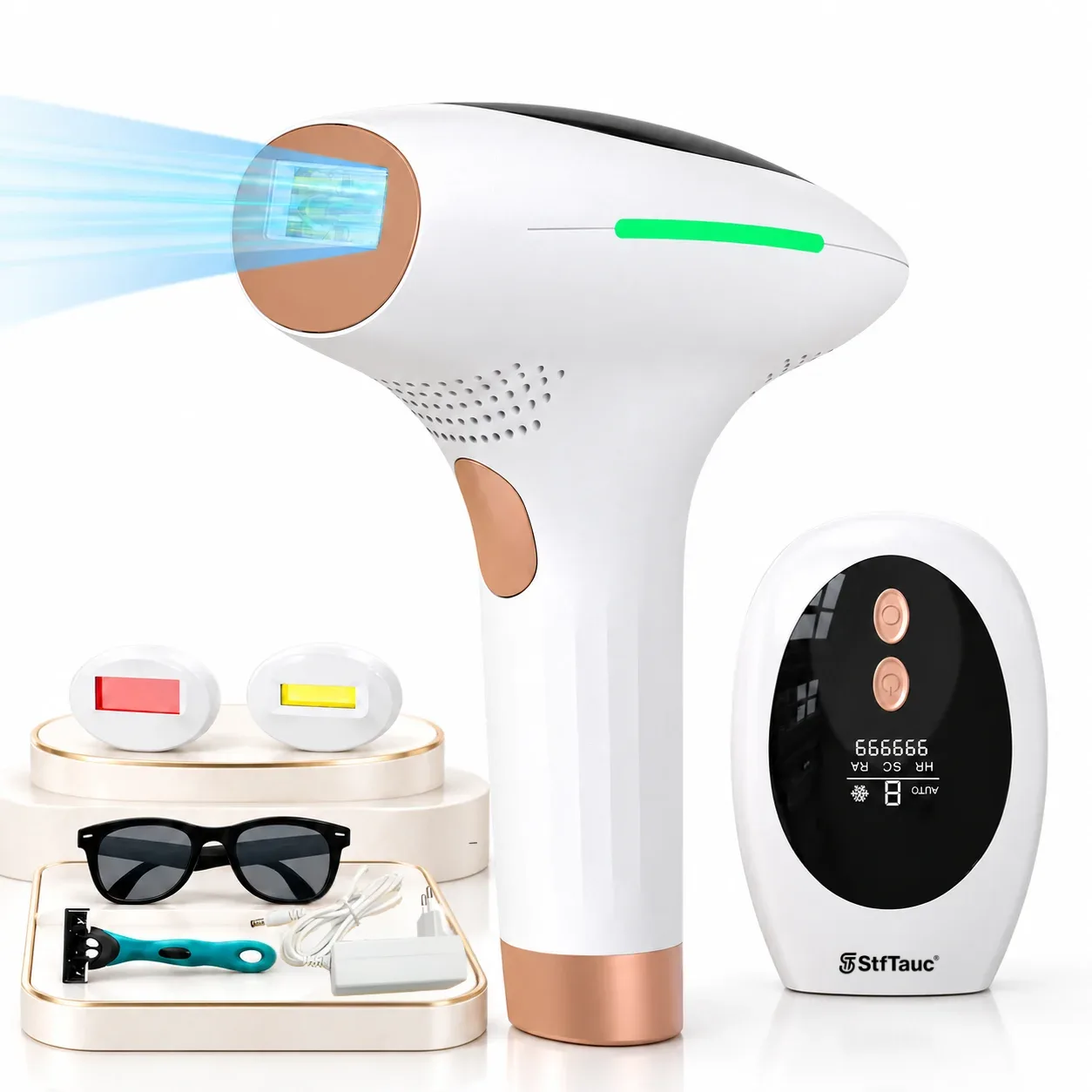 k3ztn87unbusjyrtpzym Epilator IPL StfTauc cu 8 niveluri, răcire 4–10 °C, alb-auriu - imagine 1
