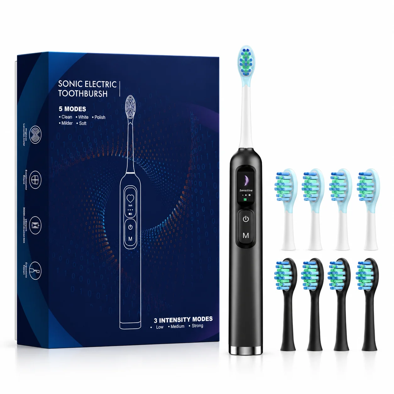 kdh3o6hwafojwpa7sz2a Periuță sonică cu 8 capete StfTauc EA370-2, neagră, 5 moduri, 3 intensități, afișaj LED, USB-C - imagine 1